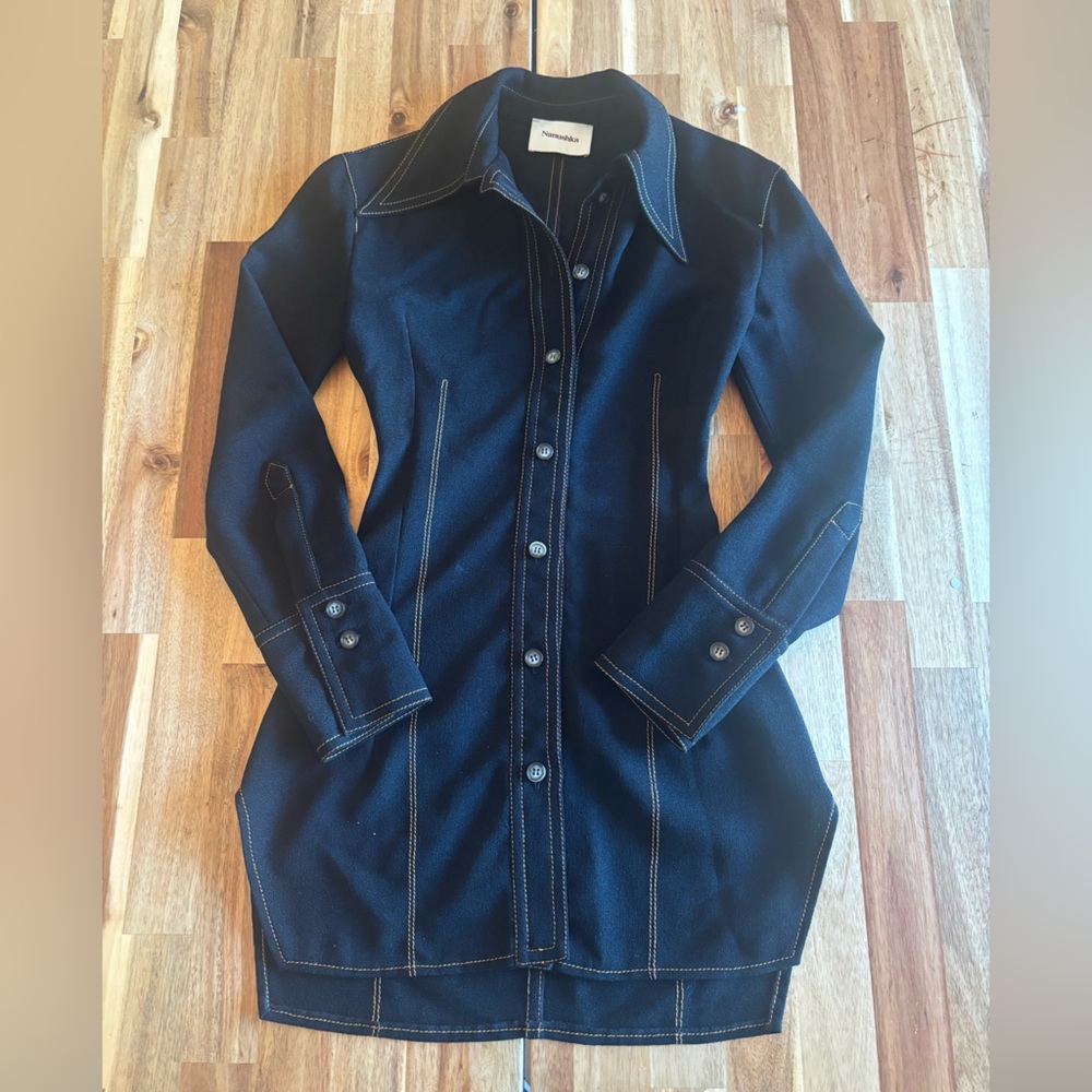 Nanushka Dark Blue Contrast Stitch Shirt Dress Button Front Mini S